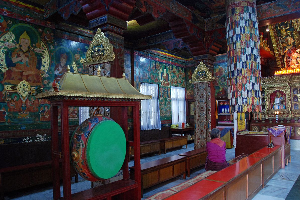 Kathmandu Boudhanath 10-4 Inside Jamchen Gompa Has A Drum, Murals On The Walls and Statues 